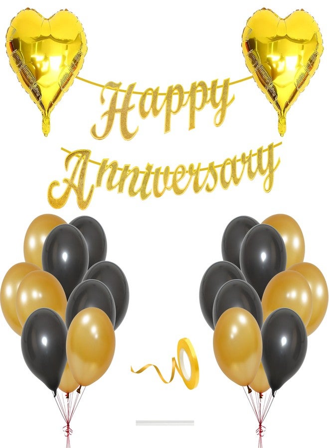 Flyloons Happy Anniversary Decoration Items Gold Black for Men Women Husband Wife Mom Dad Parent Couple Home Bedroom Car With 20 Pcs Metallic Balloons Anniversary Banner 2 Pcs Heart Set Kit Golden - Image 1